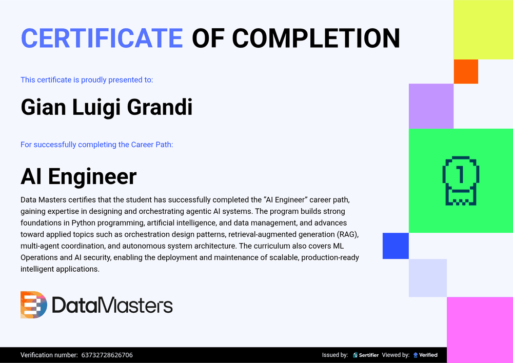 Certificato AI Engineer di Data Masters rilasciato a Gian Luigi Grandi — apri la verifica