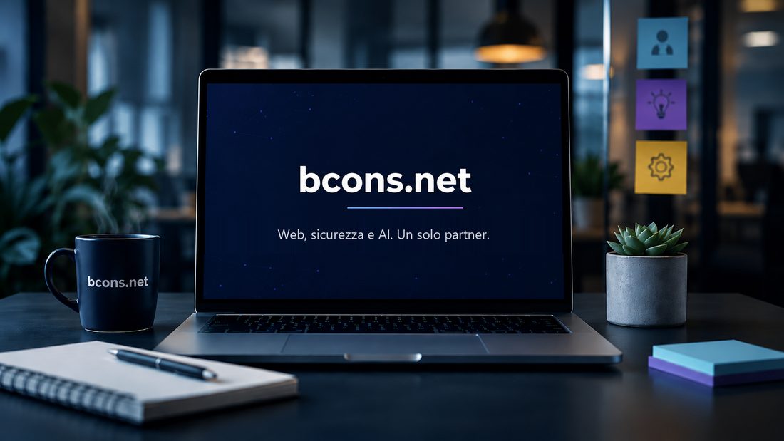 Laptop con il logo bcons.net su una scrivania da ufficio, ambiente di lavoro dell'azienda a Sassari